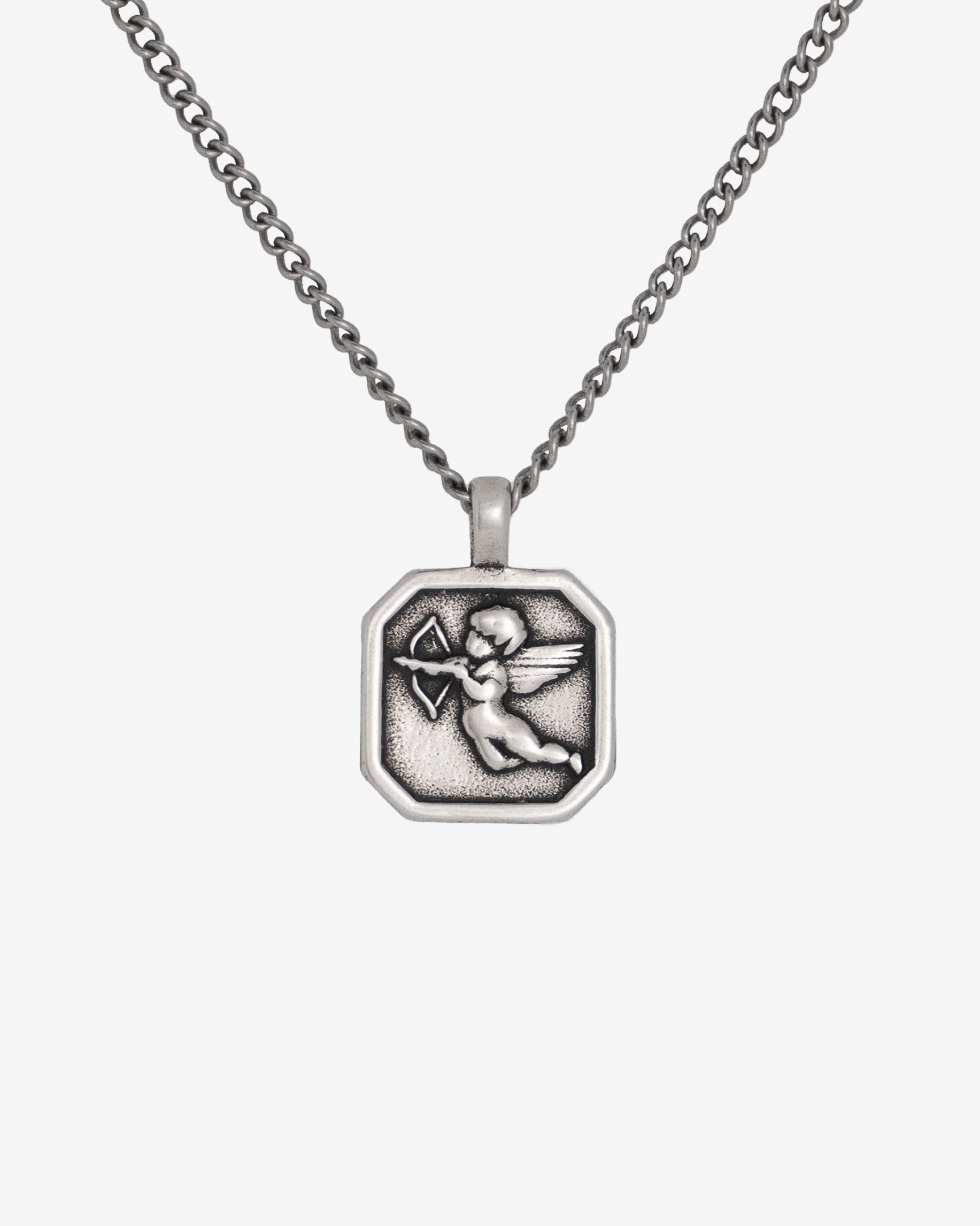 Savior Silver Necklace featuring a hexagonal pendant with a winged Cupid engraving.