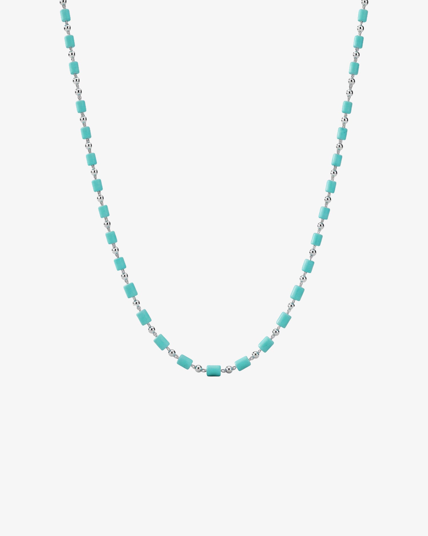 Turquoise cube bead necklace on a silver chain with small link connectors displayed against a white background