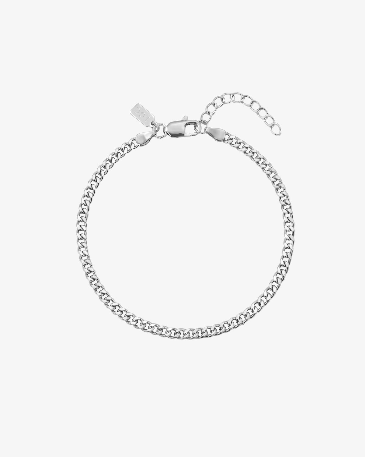 KUBU silver bracelet close-up showing lobster clasp and extender chain on white background