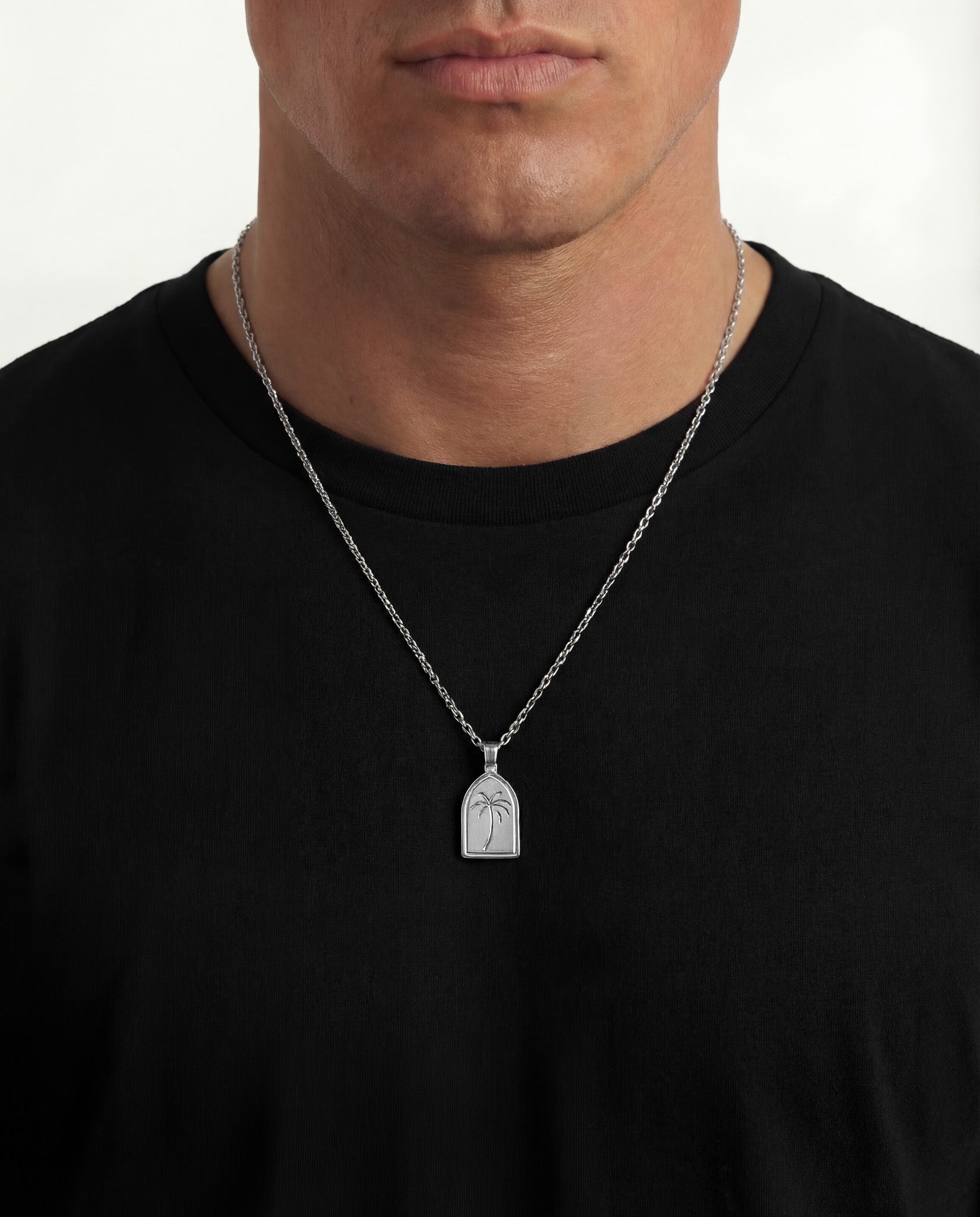 Palm silver necklace with a palm tree pendant on a silver chain worn by a model