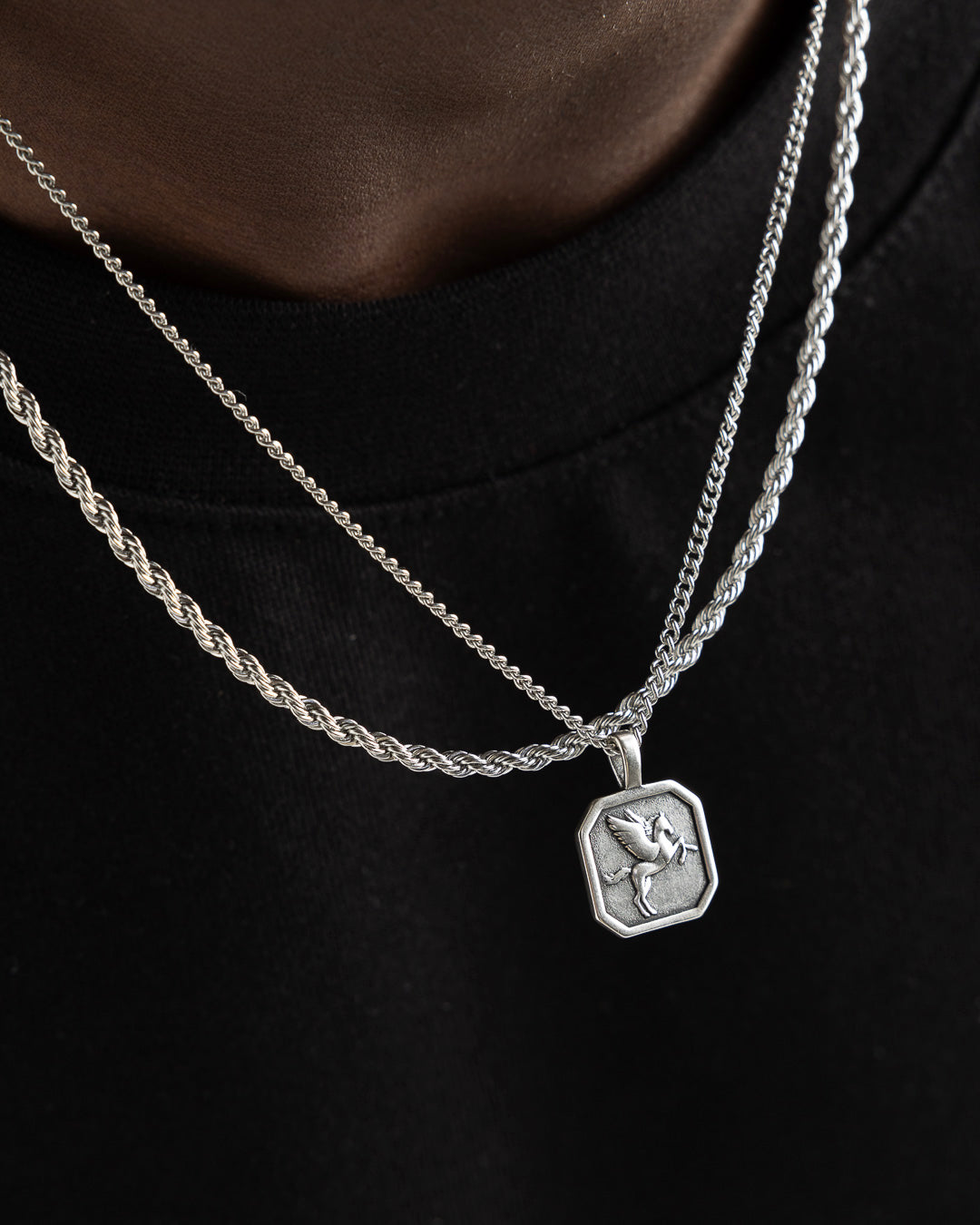 Layered silver Pegasus necklace with a winged horse pendant against a dark top