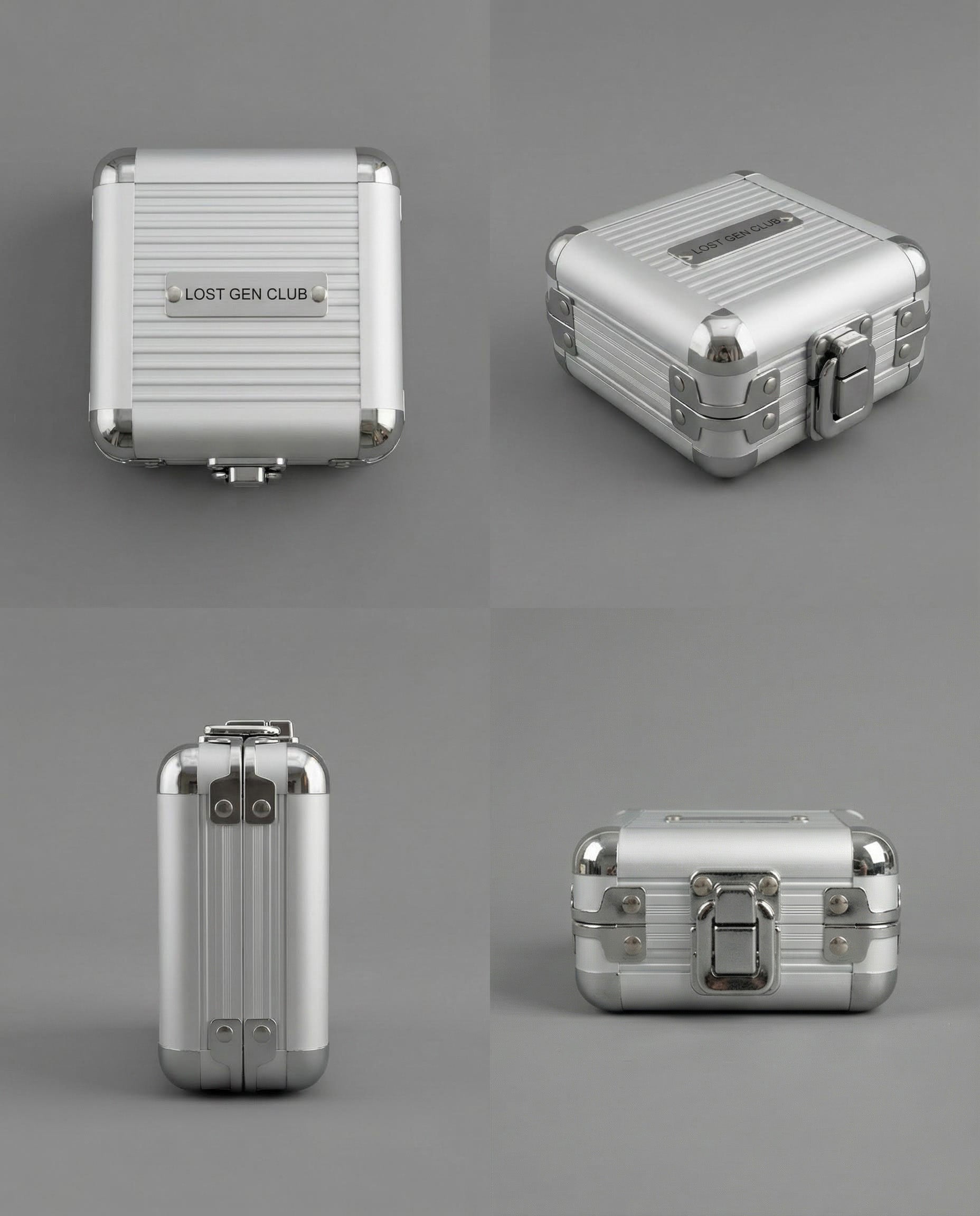 LGC Metal Box silver ribbed storage case with chrome corner caps and a secure latch