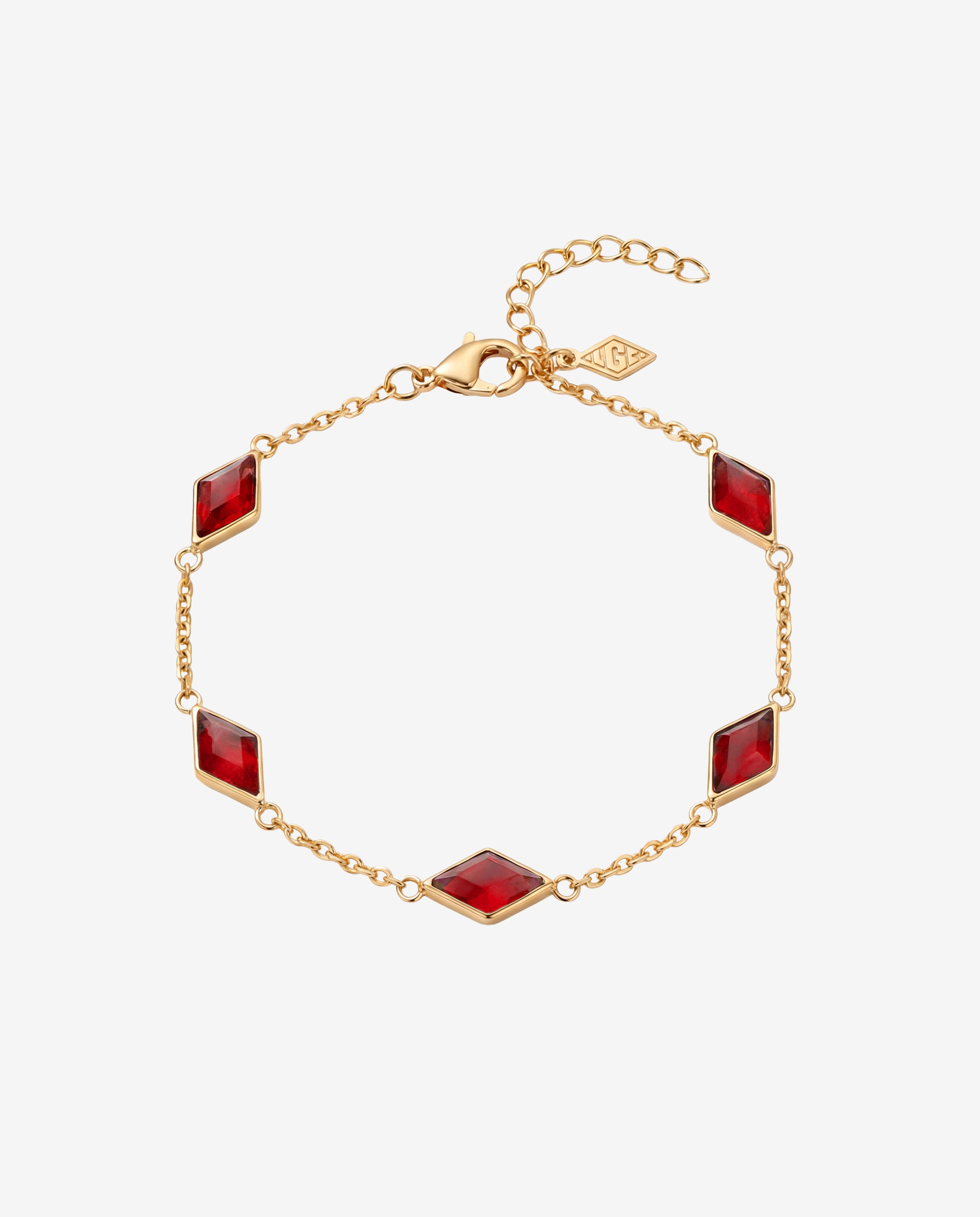 Amberes gold bracelet with red square gemstone on a delicate chain and adjustable clasp