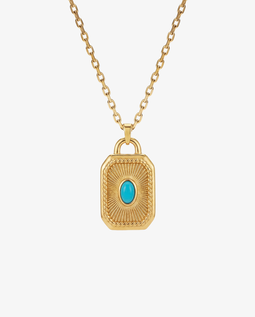 Gold AETHER necklace with an ornate rectangular pendant and a turquoise blue gemstone center.