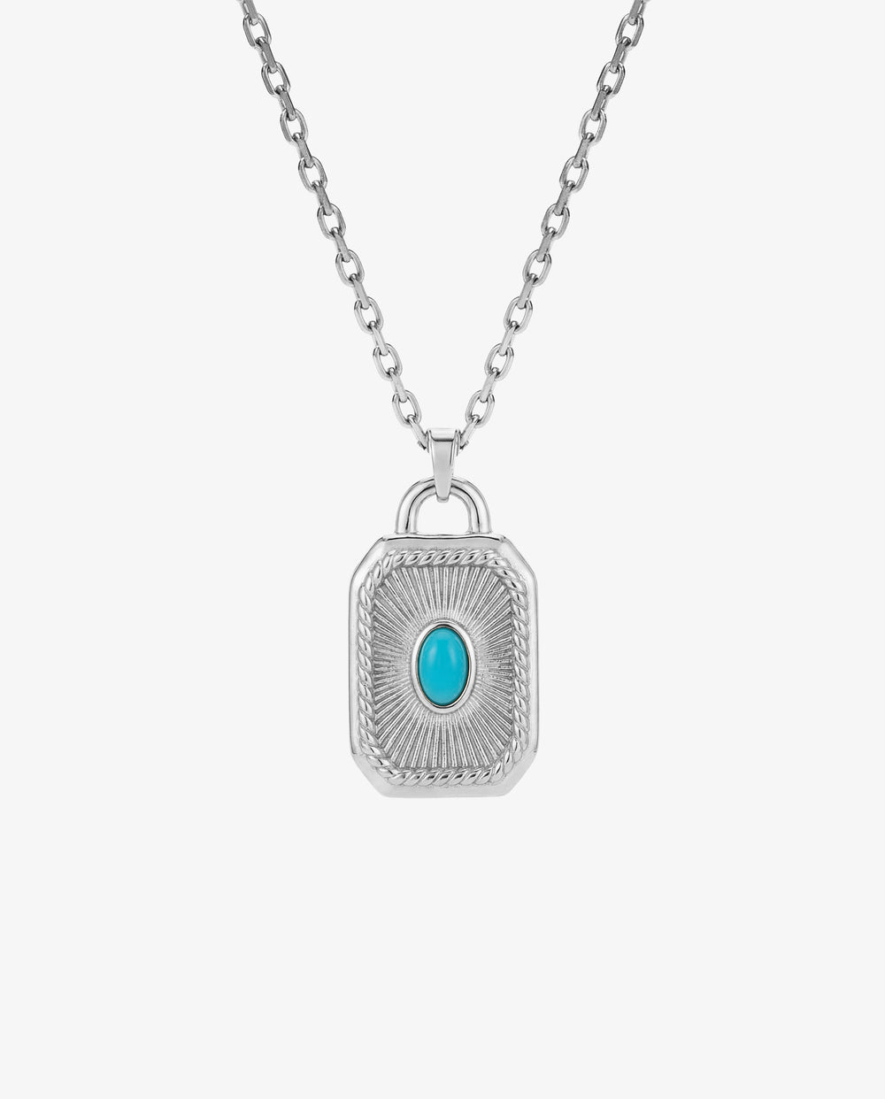 AETHER SILVER NECKLACE silver chain with a bold rectangular pendant and turquoise centerpiece