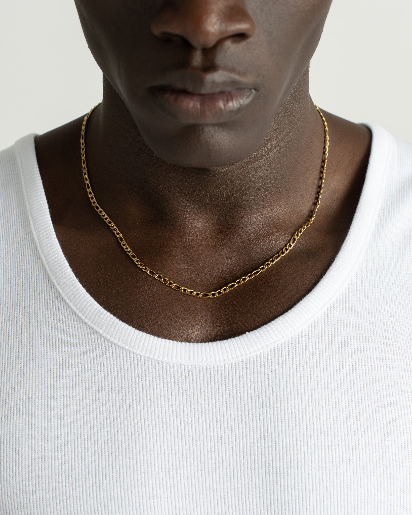 Amalfi Gold Chain necklace resting on model's neck against a white shirt