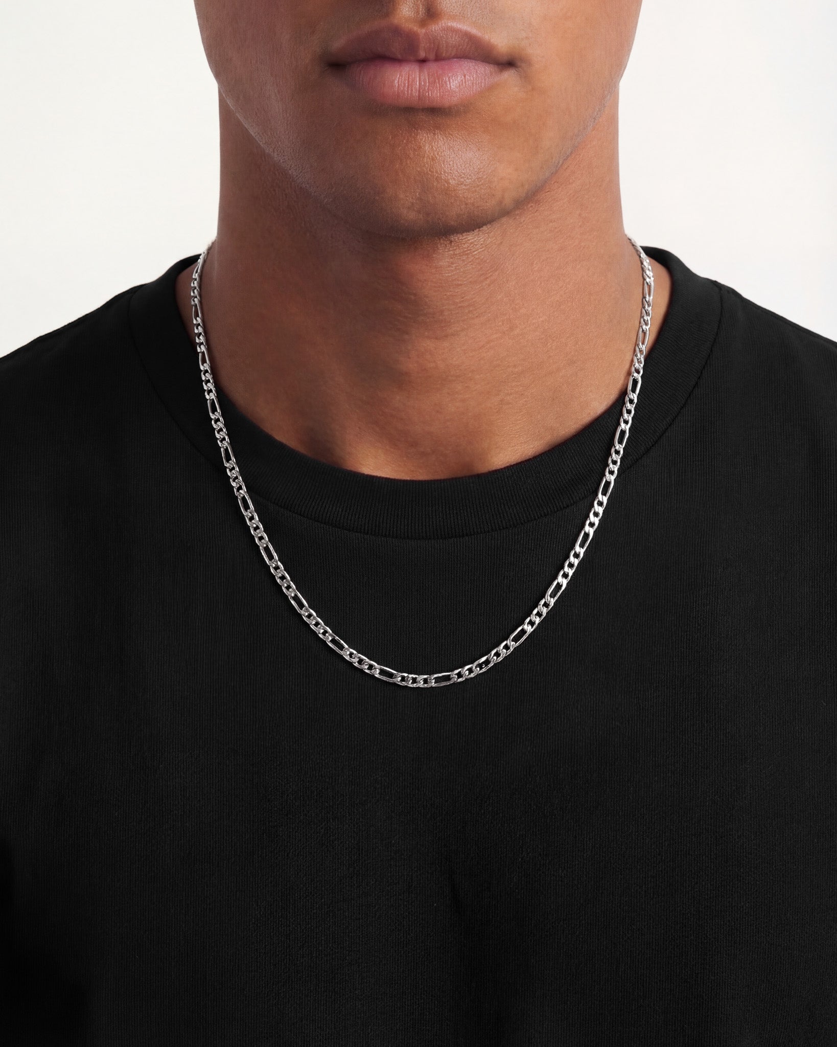 Amalfi Silver Chain worn around the neck by a person in a black shirt