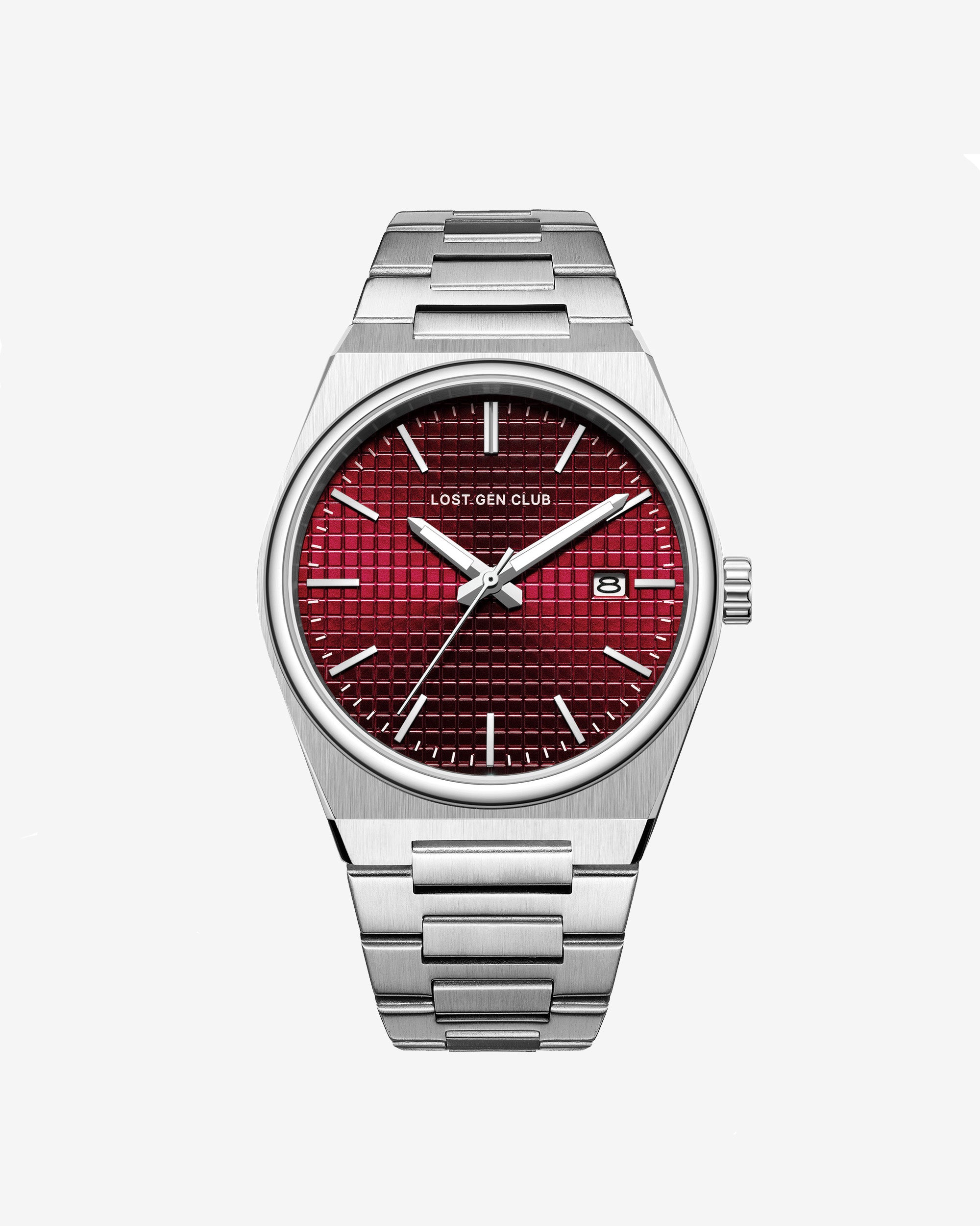 Close up of a silver AUREN watch with a red textured dial and metal bracelet.
