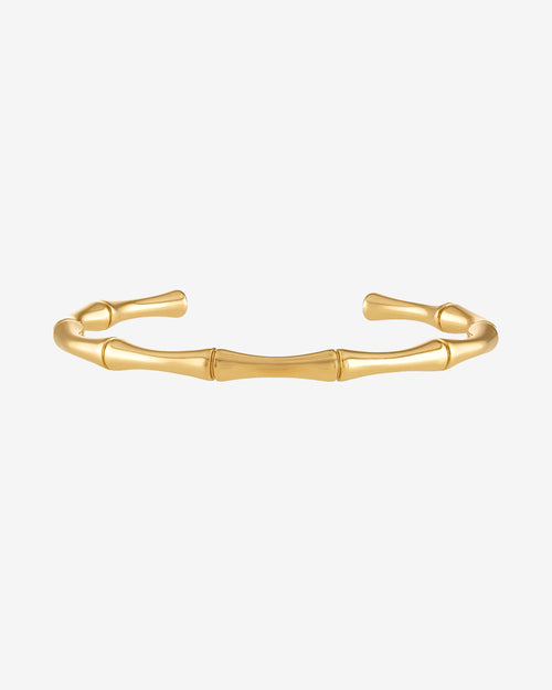 Gold bamboo bracelet with segmented links on a wrist.