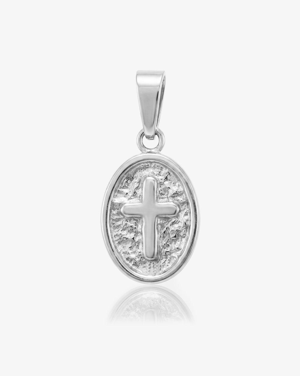 Silver mini oval cross charm pendant with a textured interior and raised cross