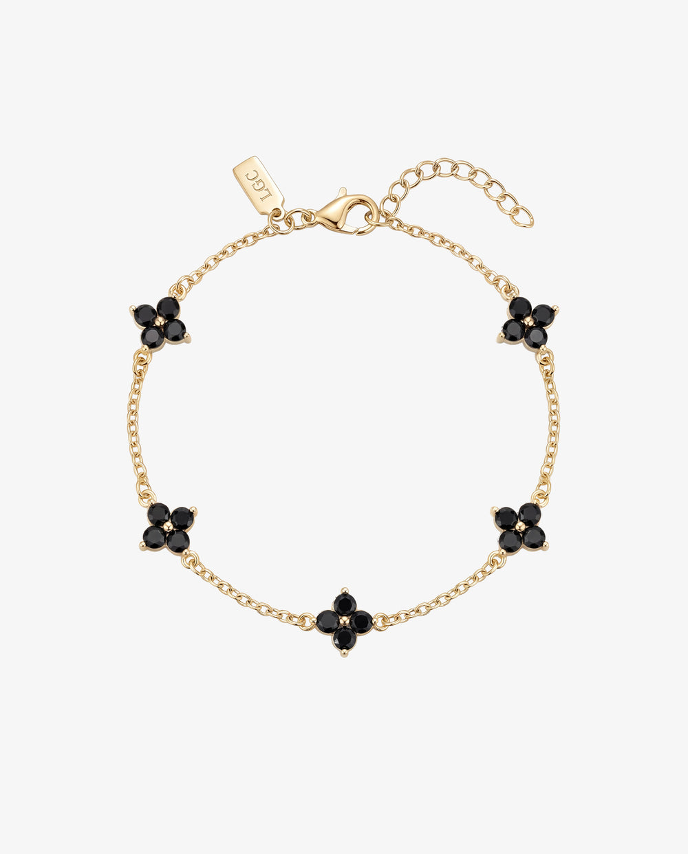 Gold Clover bracelet with black gemstone flower charms along a delicate chain