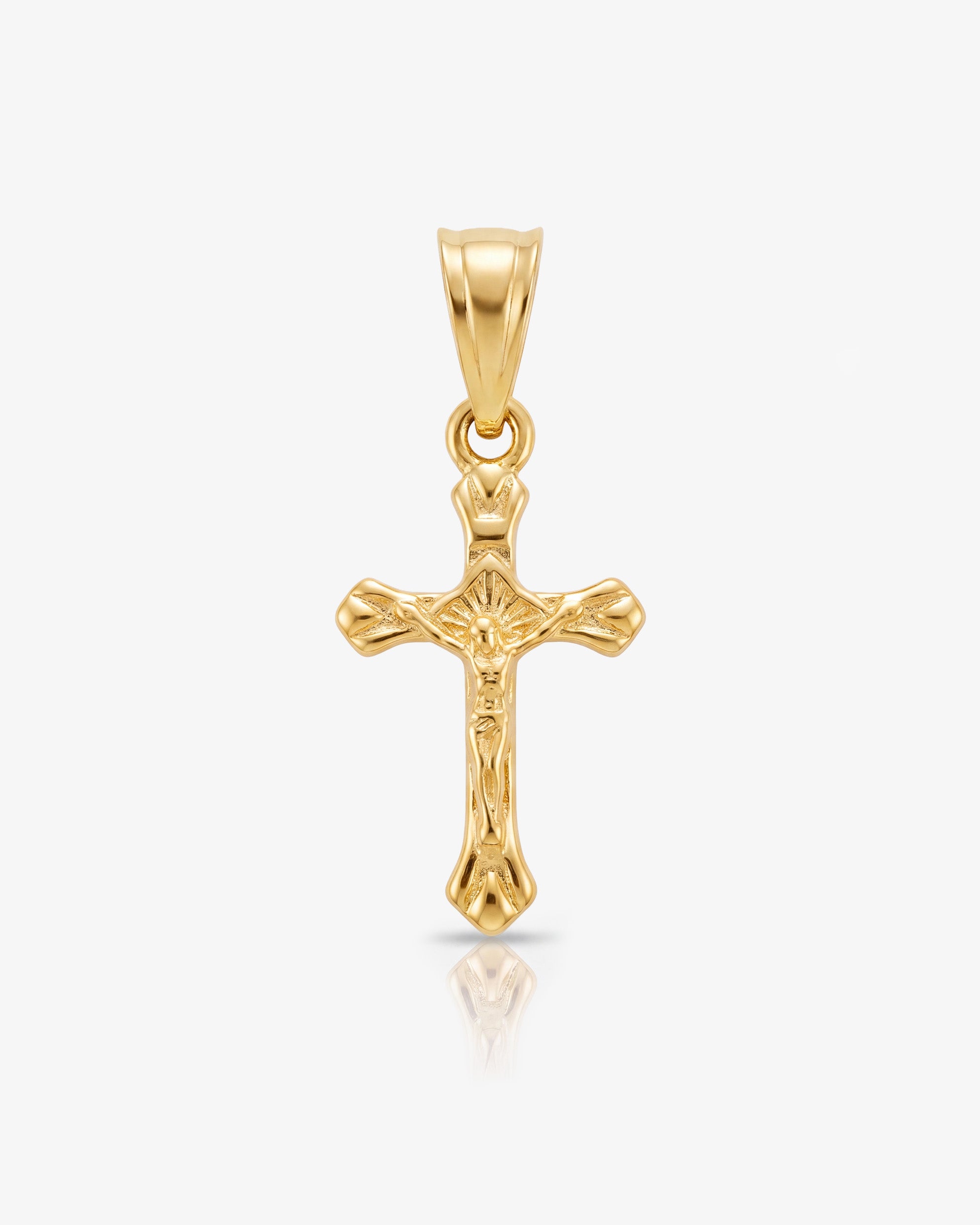 Gold mini cross charm pendant with a decorative bail at the top.
