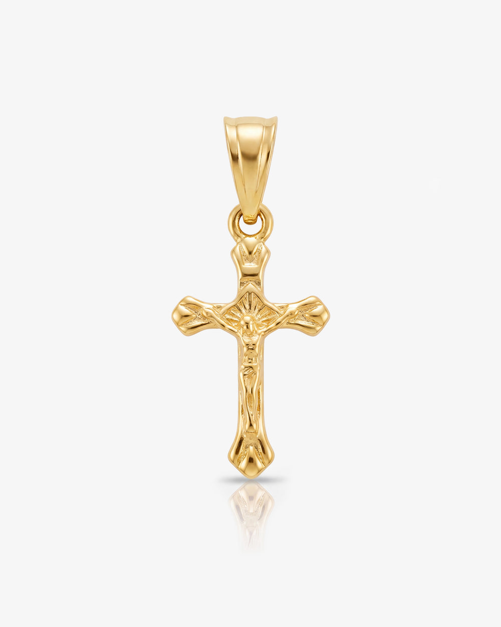Gold mini cross charm pendant with a decorative bail at the top.