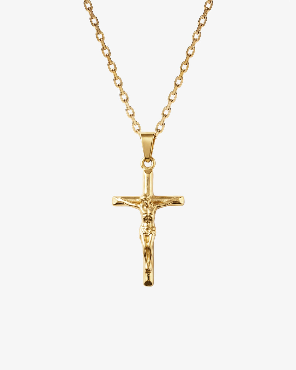 Gold crucifix necklace with chain against a white background