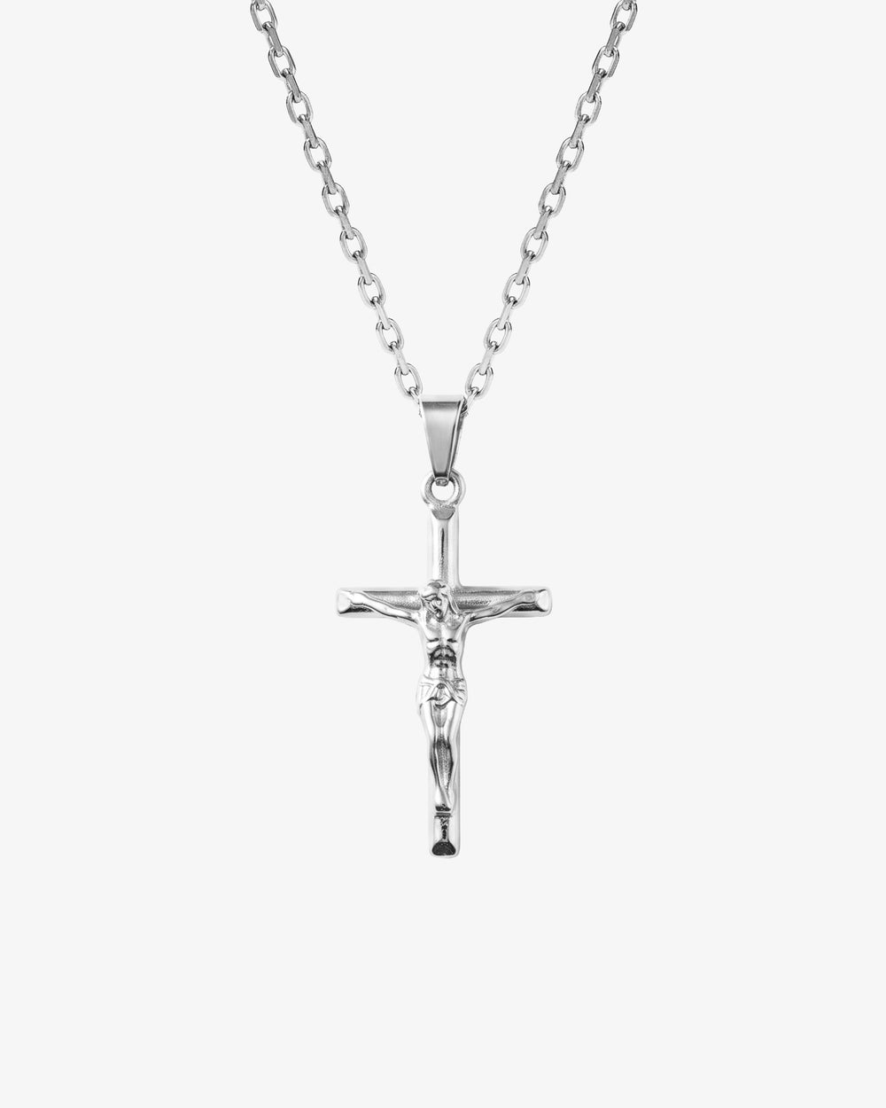 Silver crucifix pendant on a chain against a light background