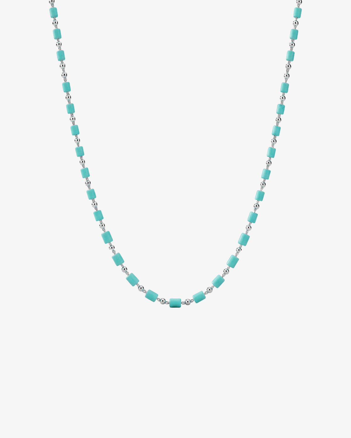 Turquoise cube bead necklace on a silver chain with small link connectors displayed against a white background