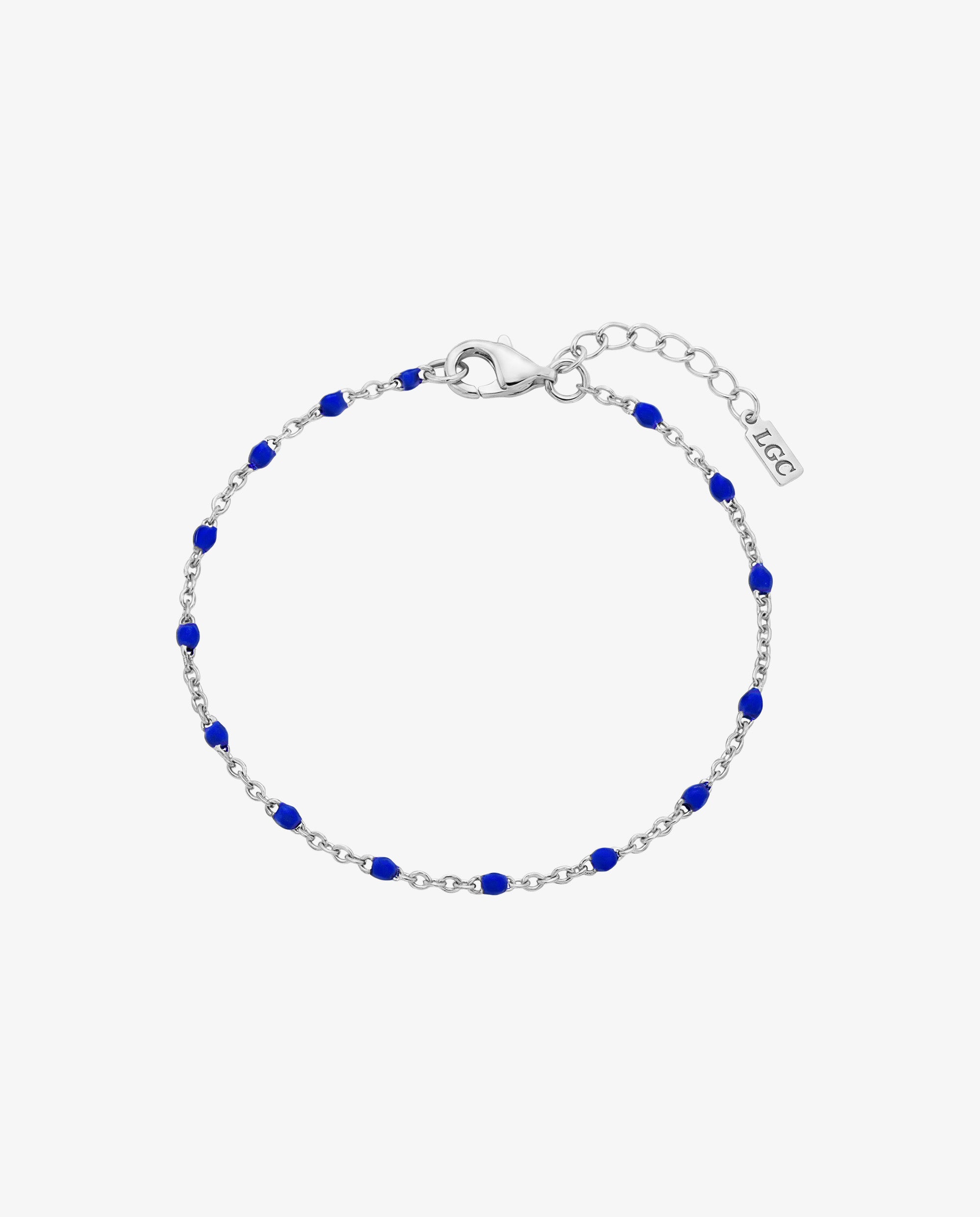 GEM silver bracelet with vivid blue beads along a silver chain and an adjustable lobster clasp