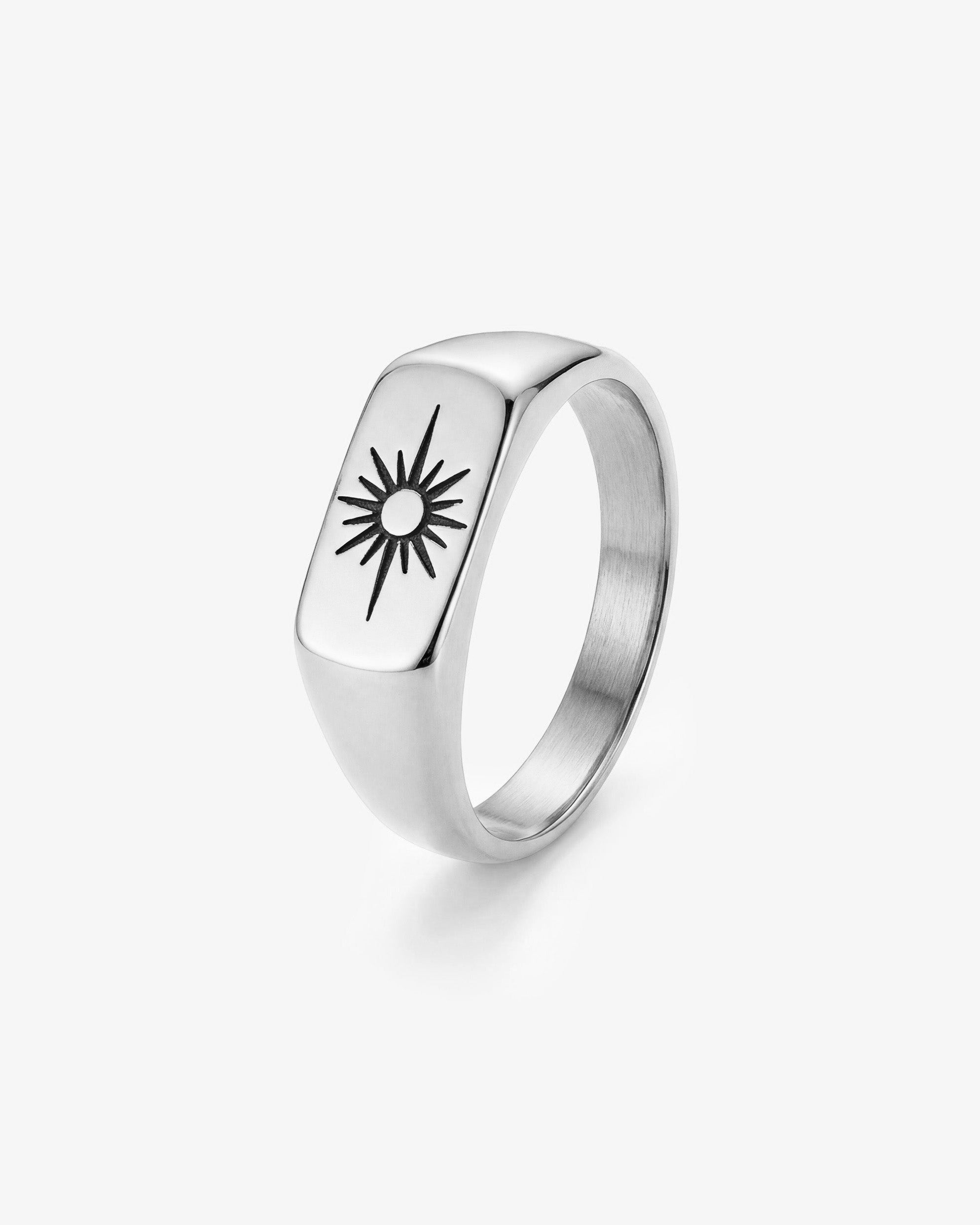 Horizon Silver Ring with a square face displaying a sunburst engraving