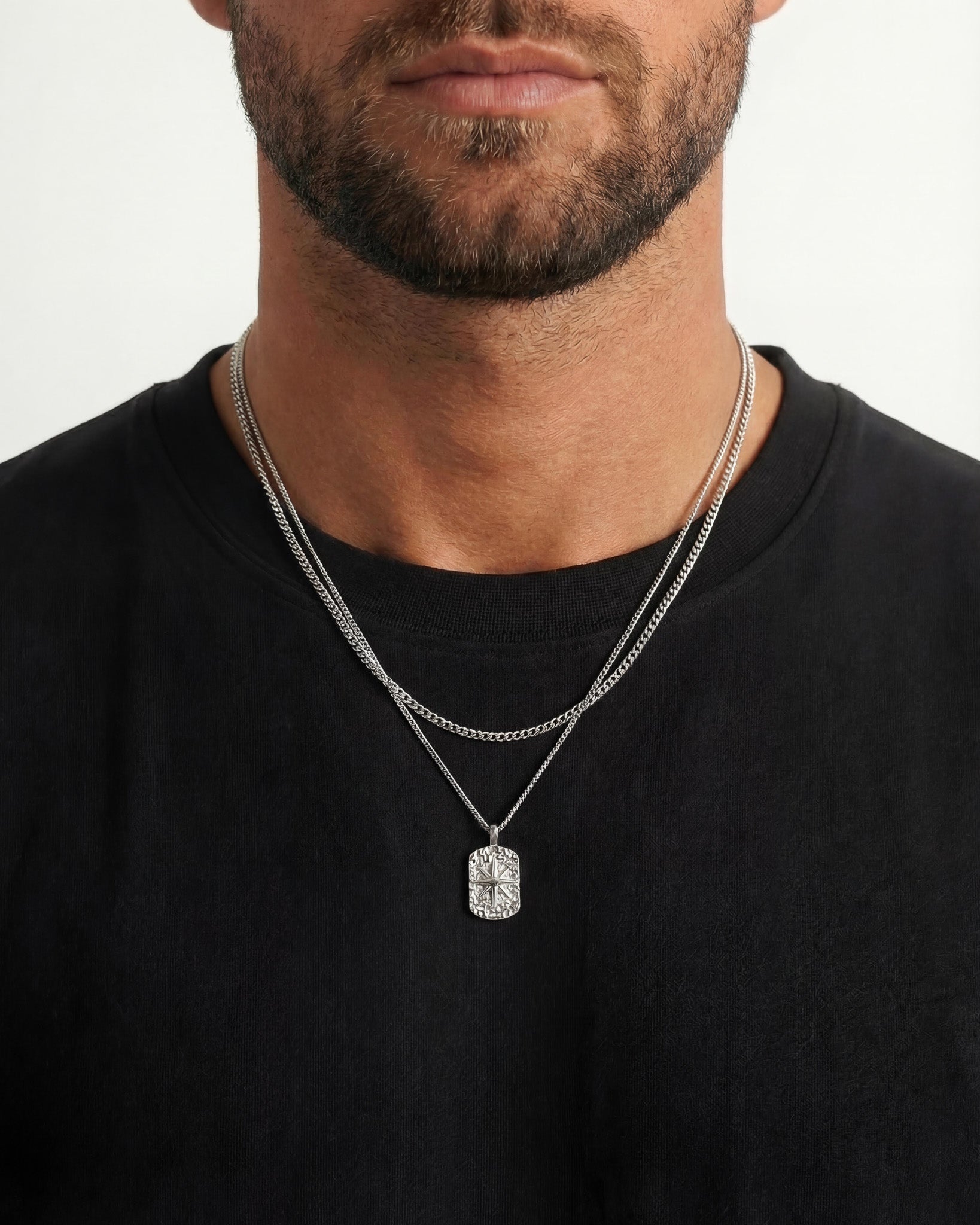 KUBU Silver Chain 3 mm necklace with rectangular textured pendant worn by a model
