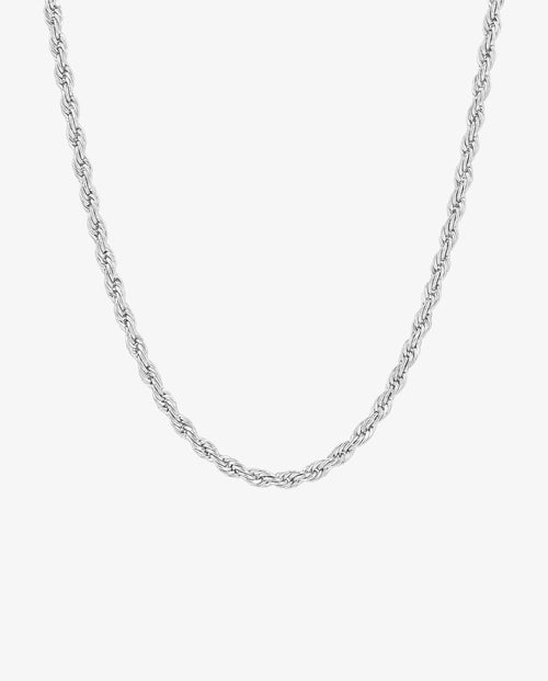 Lazio Silver Chain rope necklace, 3 mm wide, shown close up against a pale background