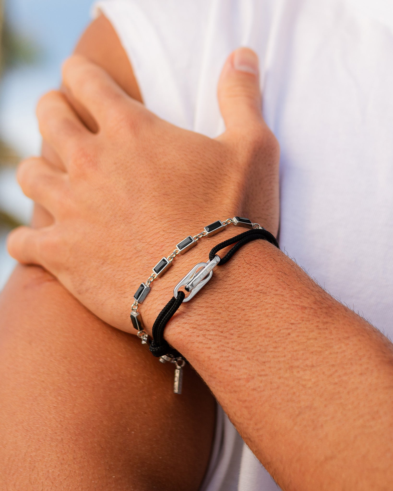 Atlantis Silver Bracelet featuring rectangular black accents worn on a wrist