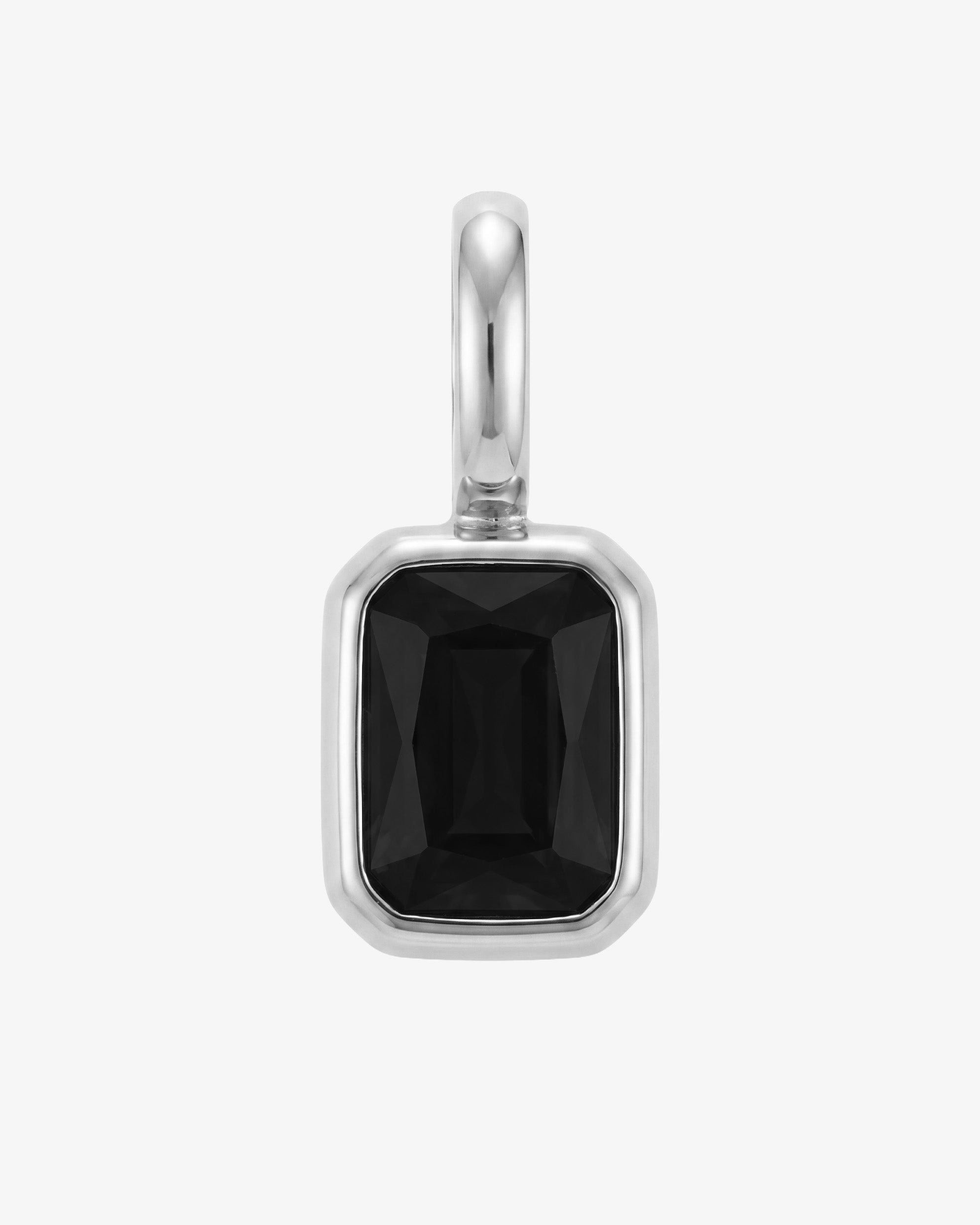 Mini Solstice Charm pendant with a tall silver stem above a black square-cut gemstone in a silver bezel