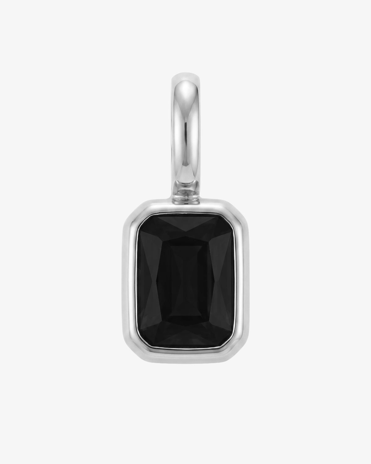 Mini Solstice Charm pendant with a tall silver stem above a black square-cut gemstone in a silver bezel
