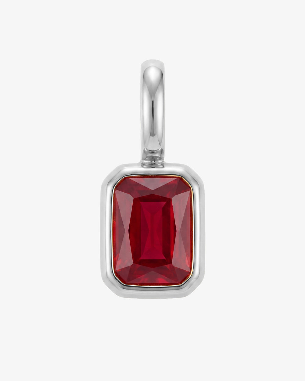 Mini Solstice Charm front view showing a red gemstone set in a gold bezel with a polished bail.