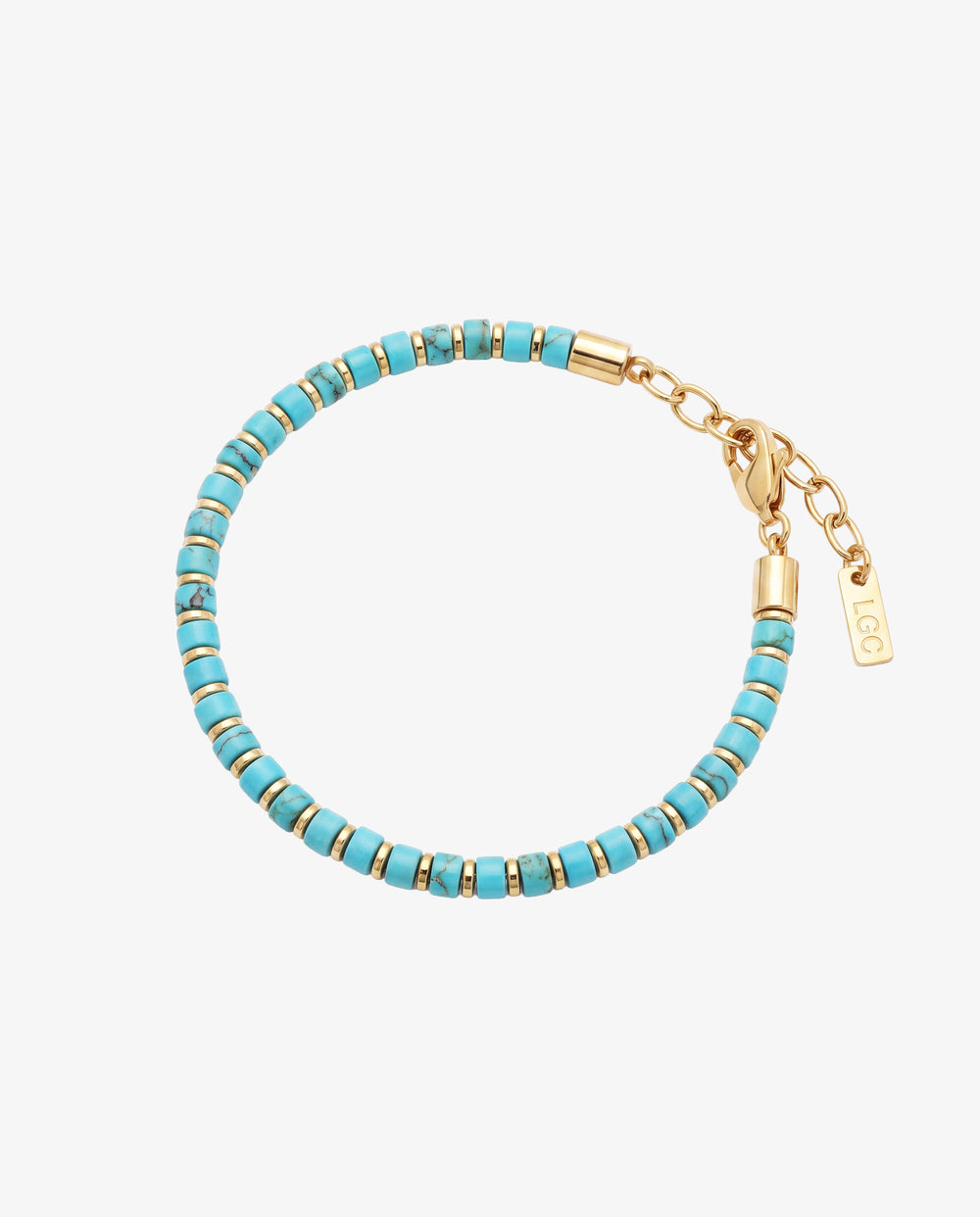 Turquoise bead bracelet with gold spacers and a gold clasp on a white background