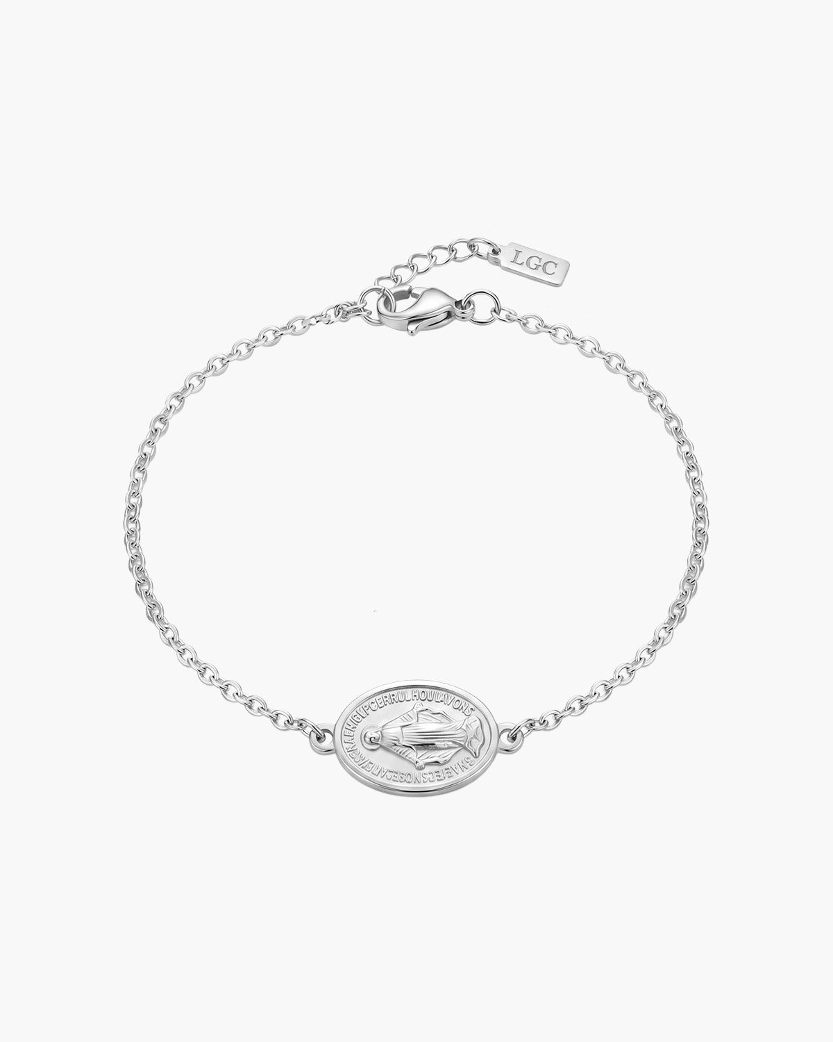 Silver Virgin Mary bracelet with a circular medallion and chain on a white background