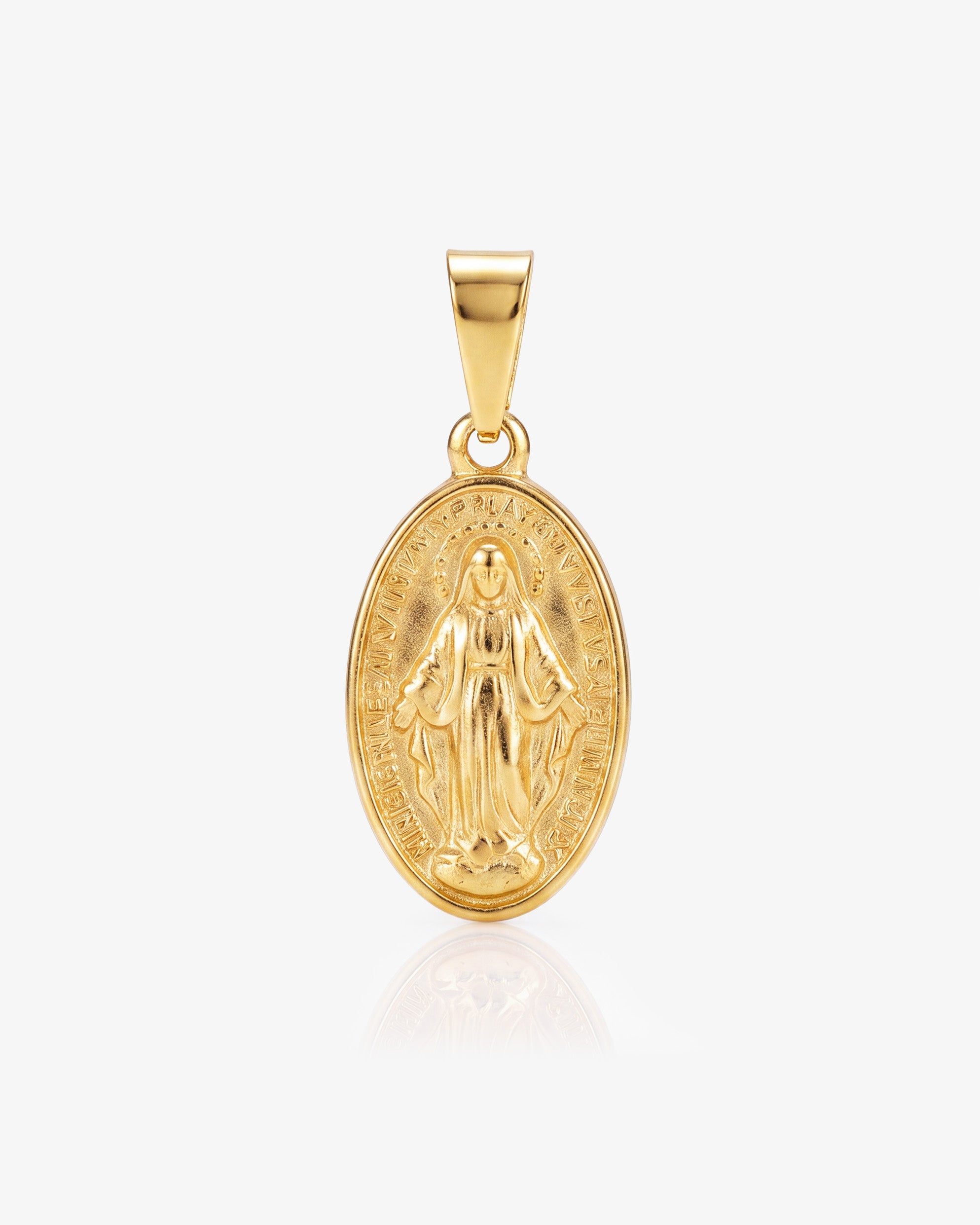 Mini Virgin charm pendant in gold with an oval medallion and bail