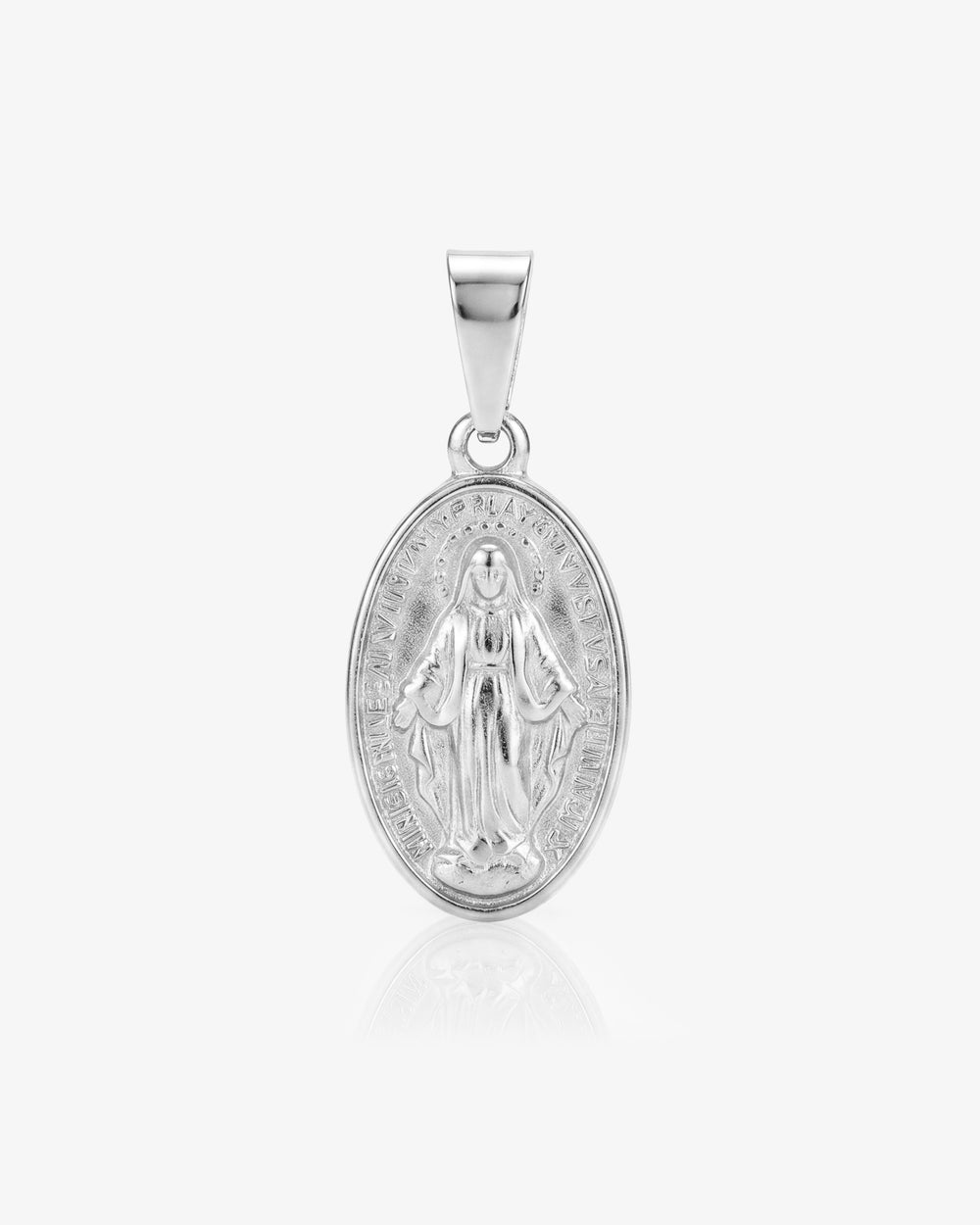 Mini Virgin charm pendant with a silver bail and oval medal