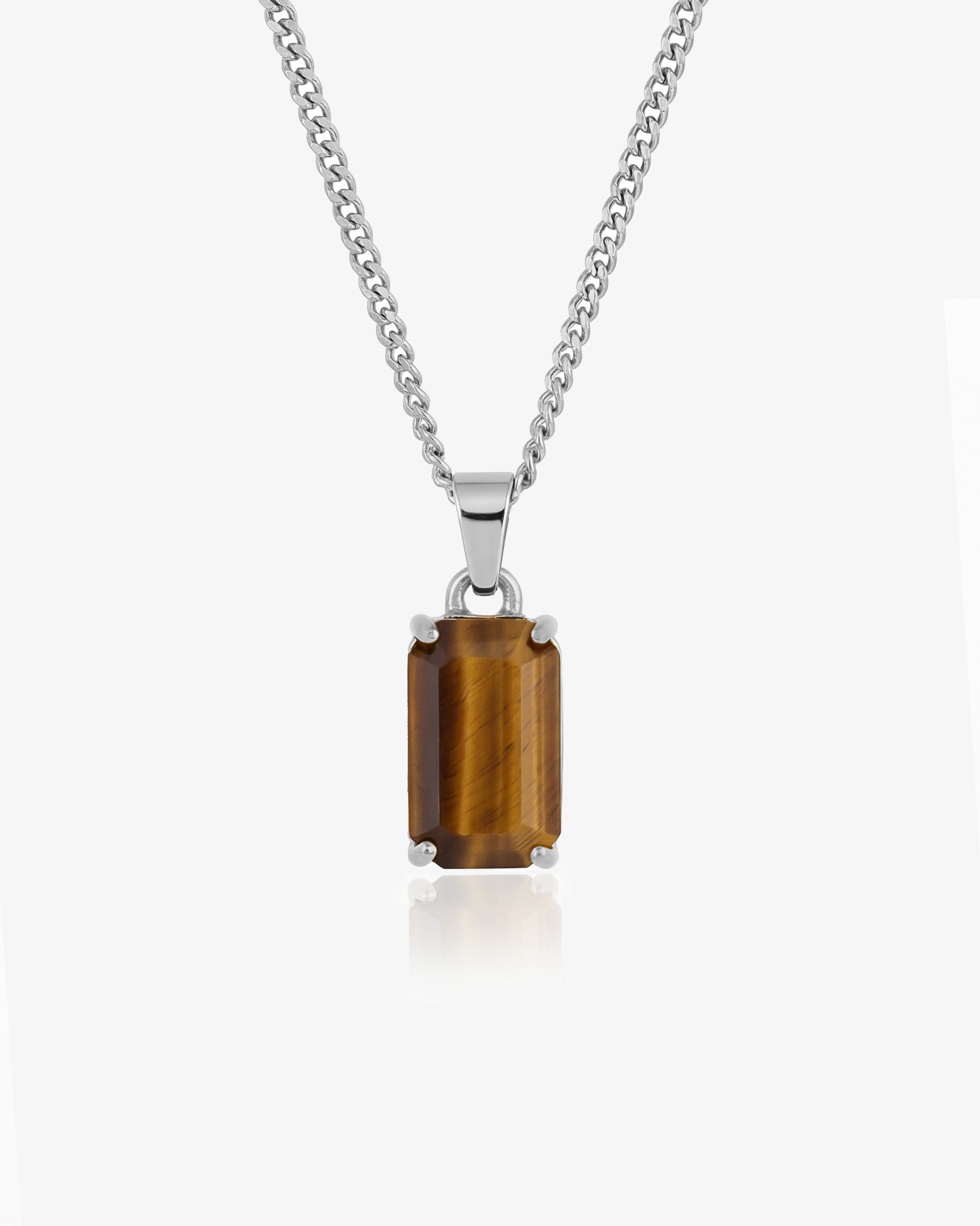 VOLT SILVER NECKLACE featuring a square tiger eye pendant on a bold silver chain